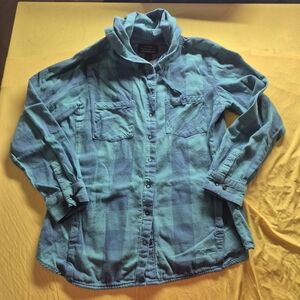 Casual Plaid Button-Up Shirt Jacket - Teal Blue